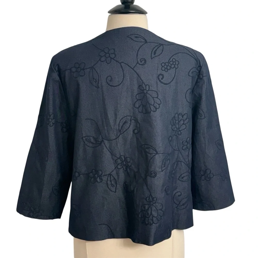 DJ & Co Womens Floral Jacquard Cropped Open Front Jacket, Navy Blue, Size 12‎